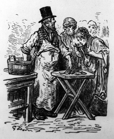 Oyster Vendor, William Blanchard Jerroldin teoksesta "London, A Pilgrimage", painos julkaistu vuonna 1890 tekijältä Gustave Dore